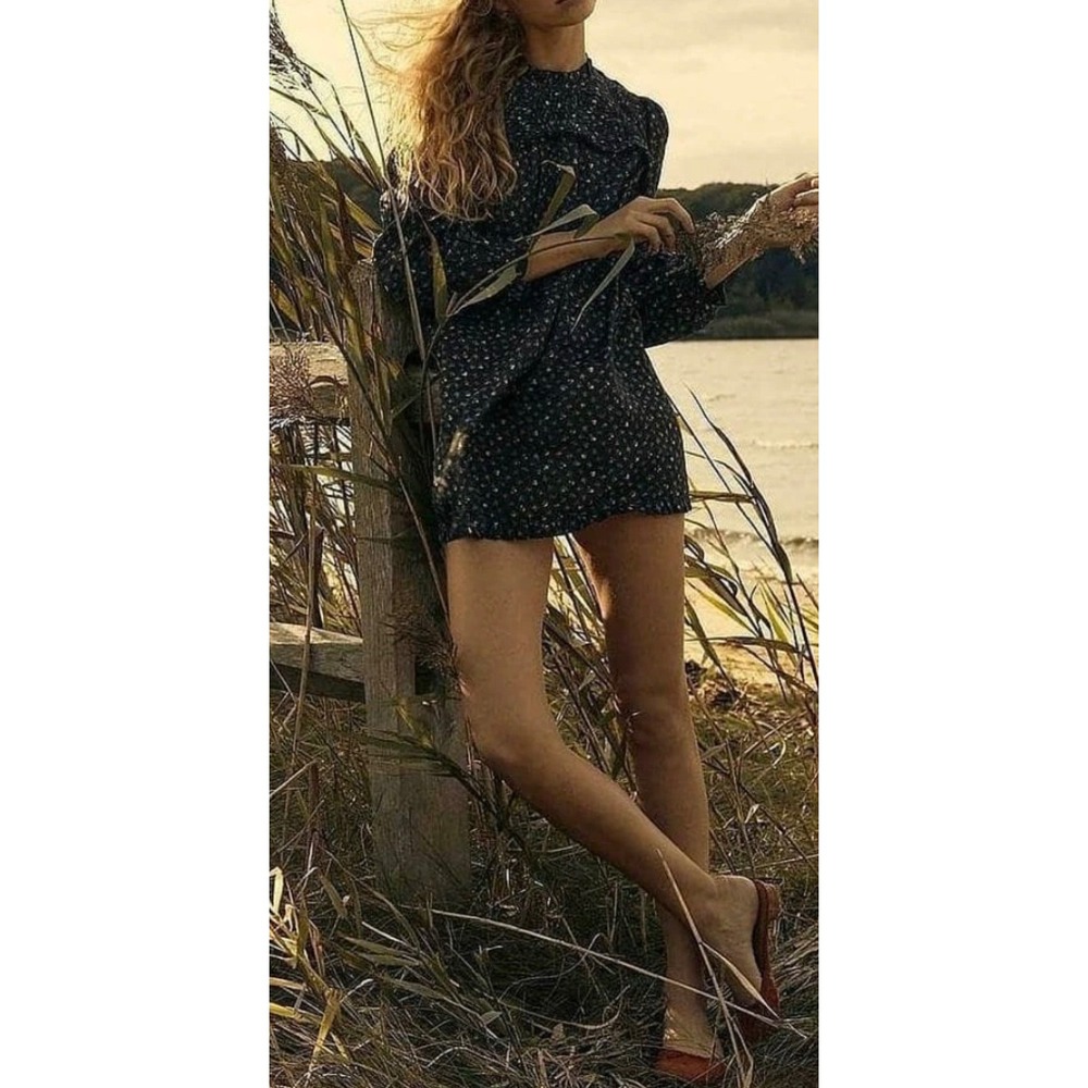 DOEN Knoll Parc Monceau Ditzy Floral Pintuck Puff Sleeve Mini Dress Black S